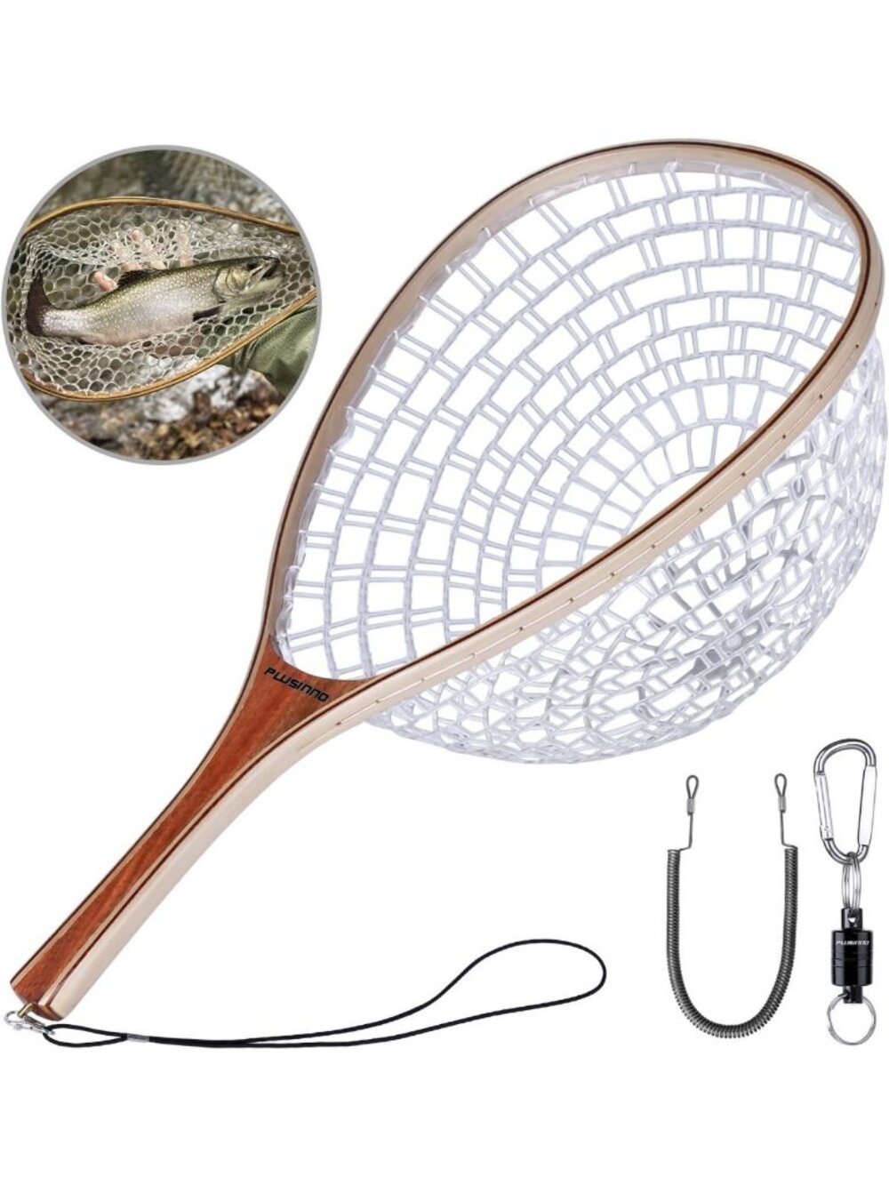 Wooden Frame Fly Fishing Net with Magnetic Release & Soft Rubber Mesh for Catch